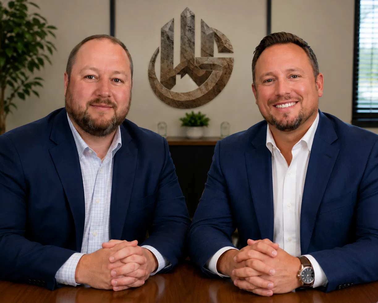 Granite West Funding's local team — Andrew Pence and Eric Wood — at the office beneath the Granite West mark